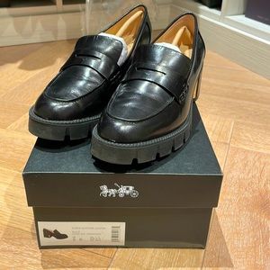Coach Cora leather block heel lug sole loafers
